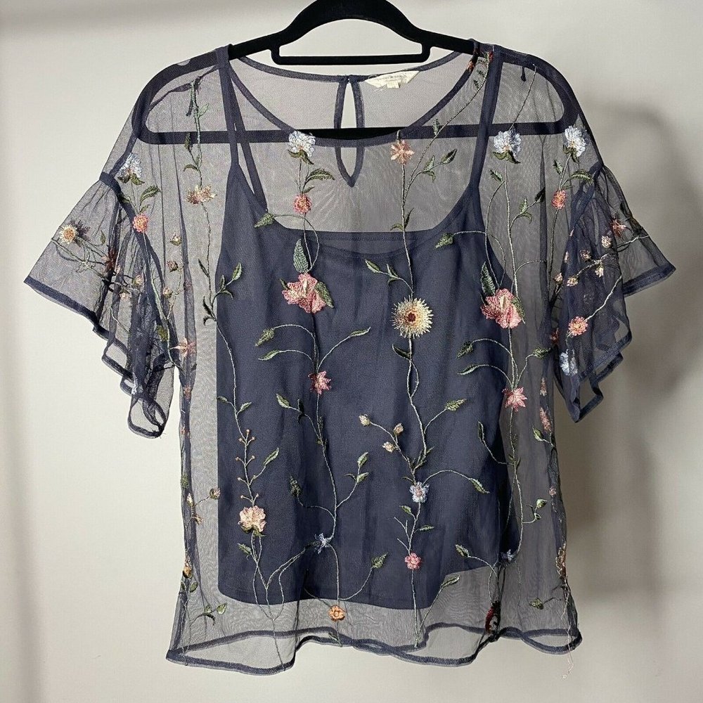 Lucky Brand Women's Medium Sheer Mesh Blouse Embroidered Navy Blue Floral Ruffle